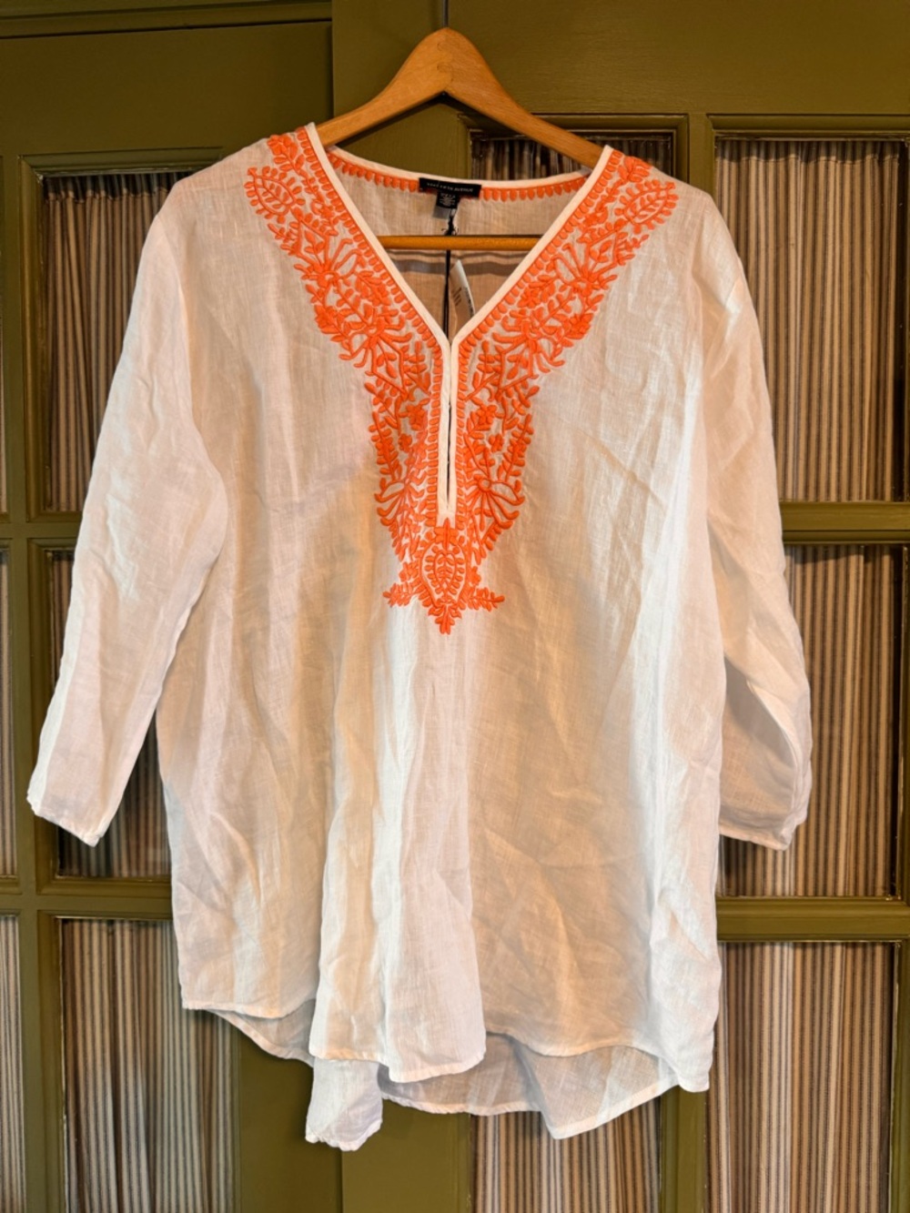 Saks Fifth Avenue White Linen Tunic with Coral Embroidery - New with Tags